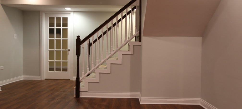 Stairs to a basement family room